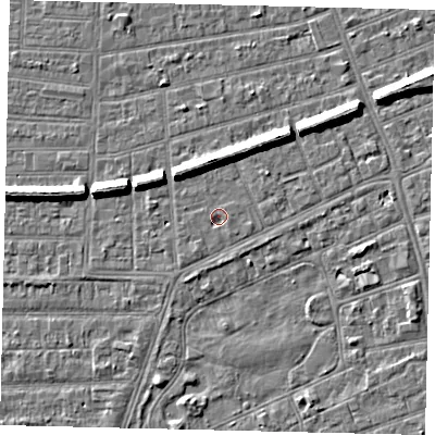 Shaded relief map of the ground around HU52QP, computed from Environment Agency LiDAR. The ground here sits at about 2 m above sea level and falls 7 m across the surrounding 800 m. Surface water reaching this point runs off ground lying to the south-west, 1.2 m higher.