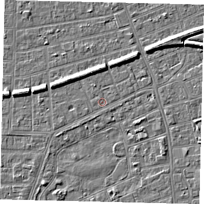 Shaded relief map of the ground around HU52QQ, computed from Environment Agency LiDAR. The ground here sits at about 2 m above sea level and falls 7 m across the surrounding 800 m. Surface water reaching this point runs off ground lying to the north-west, 5.9 m higher.