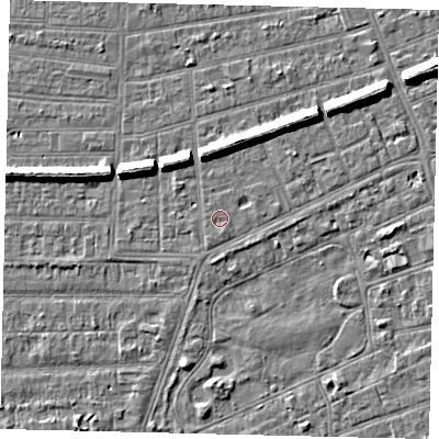 Shaded relief map of the ground around HU52QU, computed from Environment Agency LiDAR. The ground here sits at about 2 m above sea level and falls 7 m across the surrounding 800 m. Surface water reaching this point runs off ground lying to the south-south-east, 0.7 m higher.