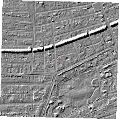 Shaded relief map of the ground around HU52QX, computed from Environment Agency LiDAR. The ground here sits at about 2 m above sea level and falls 7 m across the surrounding 800 m. The ground contributing surface water to this point lies to the west.