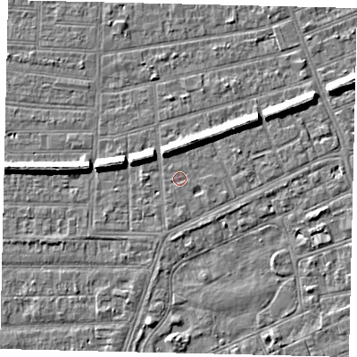 Shaded relief map of the ground around HU52QY, computed from Environment Agency LiDAR. The ground here sits at about 2 m above sea level and falls 7 m across the surrounding 800 m. The ground contributing surface water to this point lies to the west.