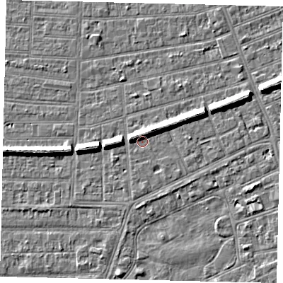 Shaded relief map of the ground around HU52QZ, computed from Environment Agency LiDAR. The ground here sits at about 2 m above sea level and falls 7 m across the surrounding 800 m. Surface water reaching this point runs off ground lying to the west-north-west, 5.2 m higher.