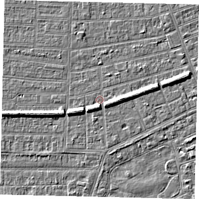 Shaded relief map of the ground around HU52RA, computed from Environment Agency LiDAR. The ground here sits at about 2 m above sea level and falls 7 m across the surrounding 800 m. Surface water reaching this point runs off ground lying to the east, 6.2 m higher.