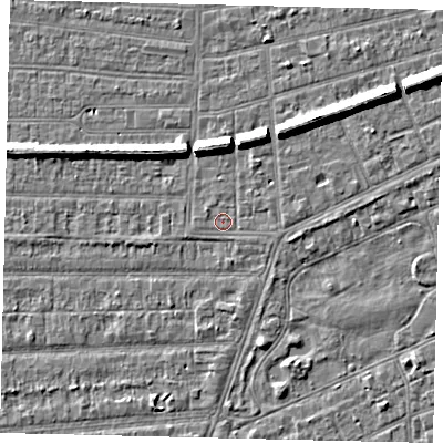 Shaded relief map of the ground around HU52RG, computed from Environment Agency LiDAR. The ground here sits at about 2 m above sea level and falls 7 m across the surrounding 800 m. Surface water reaching this point runs off ground lying to the east-south-east, 0.7 m higher.