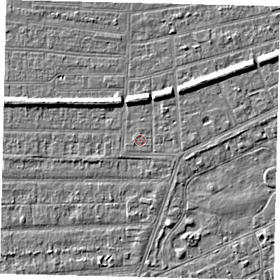 Shaded relief map of the ground around HU52RJ, computed from Environment Agency LiDAR. The ground here sits at about 2 m above sea level and falls 7 m across the surrounding 800 m. Surface water reaching this point runs off ground lying to the west-south-west, 0.6 m higher.