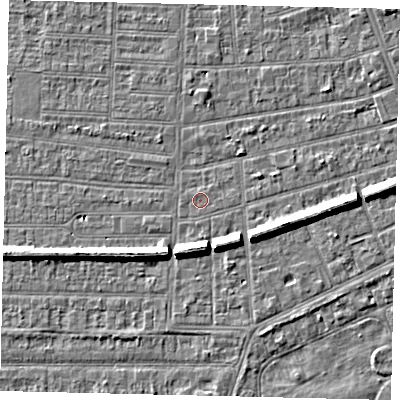 Shaded relief map of the ground around HU52RS, computed from Environment Agency LiDAR. The ground here sits at about 2 m above sea level and falls 6 m across the surrounding 800 m. Surface water reaching this point runs off ground lying to the east-south-east, 6.3 m higher.