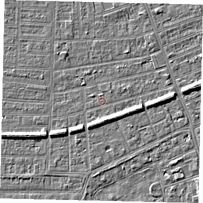 Shaded relief map of the ground around HU52SB, computed from Environment Agency LiDAR. The ground here sits at about 2 m above sea level and falls 7 m across the surrounding 800 m. Surface water reaching this point runs off ground lying to the south-south-east, 6.2 m higher.
