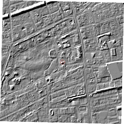 Shaded relief map of the ground around HU52SY, computed from Environment Agency LiDAR. The ground here sits at about 2 m above sea level and falls 7 m across the surrounding 800 m. Surface water reaching this point runs off ground lying to the east-north-east, 1.8 m higher.