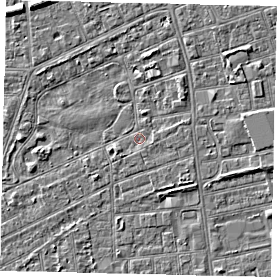 Shaded relief map of the ground around HU52SZ, computed from Environment Agency LiDAR. The ground here sits at about 2 m above sea level and falls 6 m across the surrounding 800 m. Surface water reaching this point runs off ground lying to the east-south-east, 1.0 m higher.