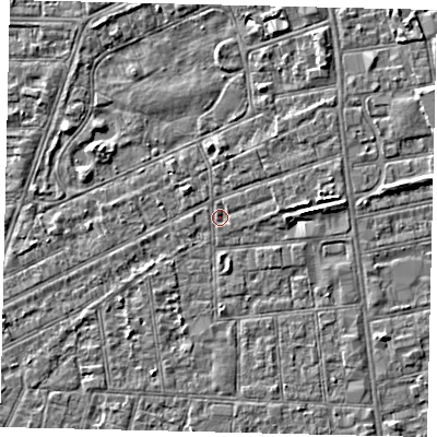 Shaded relief map of the ground around HU52TB, computed from Environment Agency LiDAR. The ground here sits at about 2 m above sea level and falls 3 m across the surrounding 800 m. Surface water reaching this point runs off ground lying to the east, 1.4 m higher.