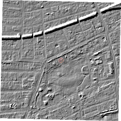 Shaded relief map of the ground around HU52TG, computed from Environment Agency LiDAR. The ground here sits at about 2 m above sea level and falls 7 m across the surrounding 800 m. Surface water reaching this point runs off ground lying to the north, 6.5 m higher.