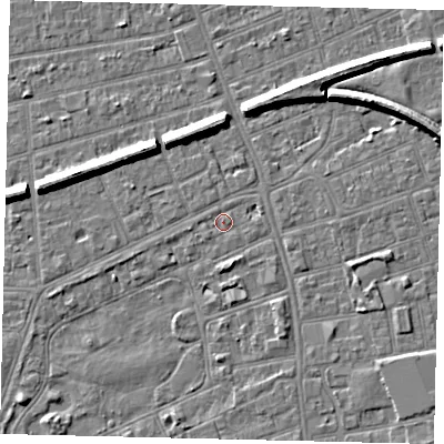 Shaded relief map of the ground around HU52TN, computed from Environment Agency LiDAR. The ground here sits at about 2 m above sea level and falls 7 m across the surrounding 800 m. Surface water reaching this point runs off ground lying to the west-north-west, 6.0 m higher.