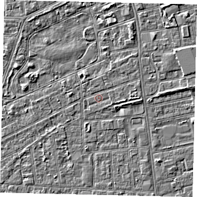 Shaded relief map of the ground around HU52TW, computed from Environment Agency LiDAR. The ground here sits at about 2 m above sea level and falls 3 m across the surrounding 800 m. Surface water reaching this point runs off ground lying to the east, 1.2 m higher.