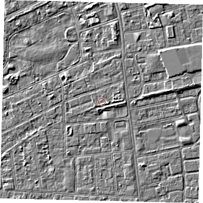 Shaded relief map of the ground around HU52TY, computed from Environment Agency LiDAR. The ground here sits at about 2 m above sea level and falls 3 m across the surrounding 800 m. Surface water reaching this point runs off ground lying to the south-east, 1.7 m higher.