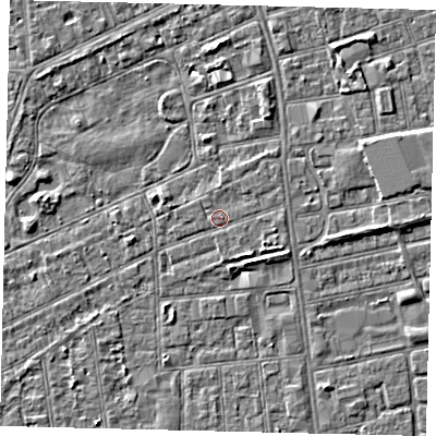 Shaded relief map of the ground around HU52TZ, computed from Environment Agency LiDAR. The ground here sits at about 2 m above sea level and falls 3 m across the surrounding 800 m. Surface water reaching this point runs off ground lying to the north-east, 0.7 m higher.