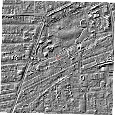 Shaded relief map of the ground around HU52UH, computed from Environment Agency LiDAR. The ground here sits at about 2 m above sea level and falls 3 m across the surrounding 800 m. Surface water reaching this point runs off ground lying to the east, 2.8 m higher.