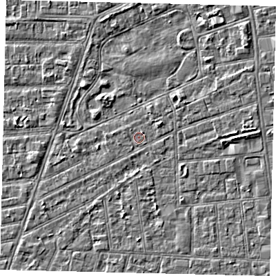 Shaded relief map of the ground around HU52UJ, computed from Environment Agency LiDAR. The ground here sits at about 2 m above sea level and falls 3 m across the surrounding 800 m. Surface water reaching this point runs off ground lying to the east, 2.8 m higher.