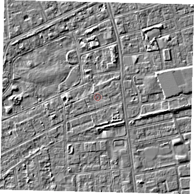Shaded relief map of the ground around HU52UN, computed from Environment Agency LiDAR. The ground here sits at about 2 m above sea level and falls 3 m across the surrounding 800 m. Surface water reaching this point runs off ground lying to the east-north-east, 0.7 m higher.