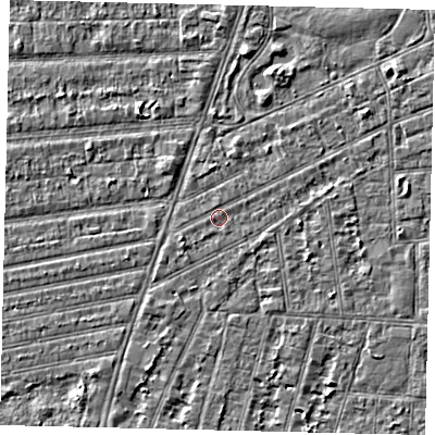 Shaded relief map of the ground around HU52US, computed from Environment Agency LiDAR. The ground here sits at about 2 m above sea level and falls 2 m across the surrounding 800 m. Surface water reaching this point runs off ground lying to the south-south-west, 1.5 m higher.