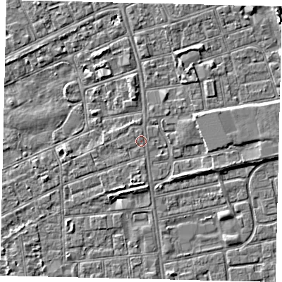 Shaded relief map of the ground around HU52UT, computed from Environment Agency LiDAR. The ground here sits at about 3 m above sea level and falls 5 m across the surrounding 800 m. Surface water reaching this point runs off ground lying to the south, 0.5 m higher.