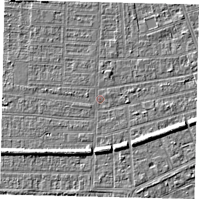 Shaded relief map of the ground around HU53AA, computed from Environment Agency LiDAR. The ground here sits at about 2 m above sea level and falls 7 m across the surrounding 800 m. Surface water reaching this point runs off ground lying to the south-east, 6.4 m higher.