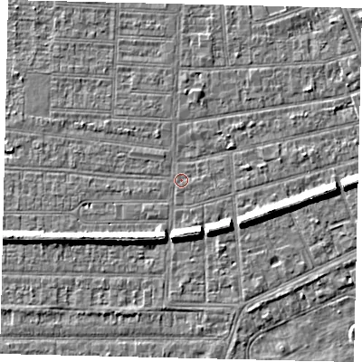 Shaded relief map of the ground around HU53AB, computed from Environment Agency LiDAR. The ground here sits at about 2 m above sea level and falls 7 m across the surrounding 800 m. Surface water reaching this point runs off ground lying to the east-south-east, 6.4 m higher.