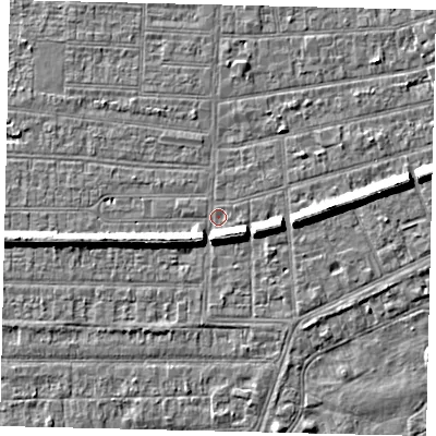 Shaded relief map of the ground around HU53AE, computed from Environment Agency LiDAR. The ground here sits at about 2 m above sea level and falls 7 m across the surrounding 800 m. Surface water reaching this point runs off ground lying to the south-west, 5.9 m higher.