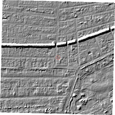 Shaded relief map of the ground around HU53AF, computed from Environment Agency LiDAR. The ground here sits at about 2 m above sea level and falls 7 m across the surrounding 800 m. Surface water reaching this point runs off ground lying to the south-south-east, 0.6 m higher.