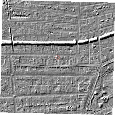 Shaded relief map of the ground around HU53AH, computed from Environment Agency LiDAR. The ground here sits at about 2 m above sea level and falls 7 m across the surrounding 800 m. Surface water reaching this point runs off ground lying to the north-east, 5.9 m higher.