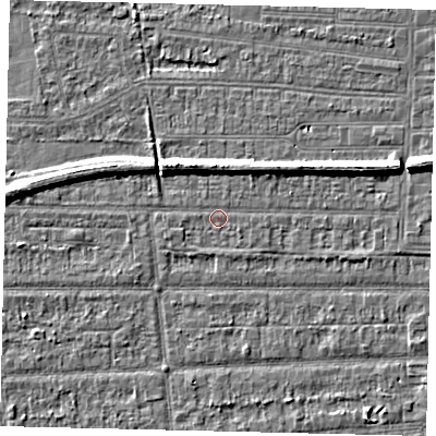 Shaded relief map of the ground around HU53AJ, computed from Environment Agency LiDAR. The ground here sits at about 2 m above sea level and falls 7 m across the surrounding 800 m. Surface water reaching this point runs off ground lying to the west, 4.0 m higher.