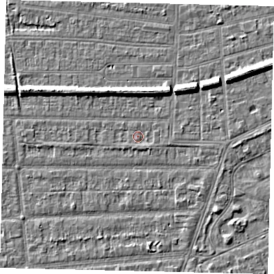 Shaded relief map of the ground around HU53AL, computed from Environment Agency LiDAR. The ground here sits at about 2 m above sea level and falls 7 m across the surrounding 800 m. Surface water reaching this point runs off ground lying to the north-north-east, 5.9 m higher.