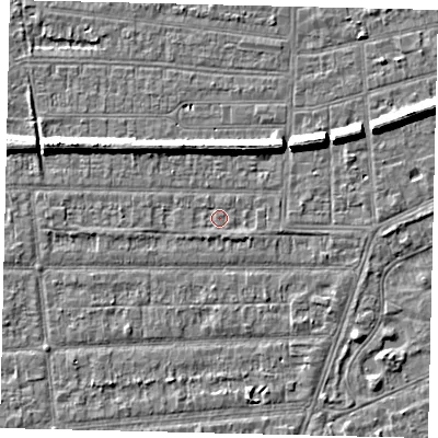 Shaded relief map of the ground around HU53AN, computed from Environment Agency LiDAR. The ground here sits at about 2 m above sea level and falls 7 m across the surrounding 800 m. Surface water reaching this point runs off ground lying to the north-east, 5.9 m higher.