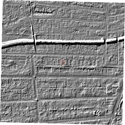 Shaded relief map of the ground around HU53AP, computed from Environment Agency LiDAR. The ground here sits at about 2 m above sea level and falls 7 m across the surrounding 800 m. The ground contributing surface water to this point lies to the south-south-west.