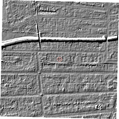 Shaded relief map of the ground around HU53AR, computed from Environment Agency LiDAR. The ground here sits at about 2 m above sea level and falls 7 m across the surrounding 800 m. Surface water reaching this point runs off ground lying to the west-south-west, 0.6 m higher.