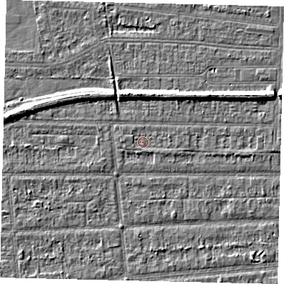 Shaded relief map of the ground around HU53AS, computed from Environment Agency LiDAR. The ground here sits at about 2 m above sea level and falls 6 m across the surrounding 800 m. Surface water reaching this point runs off ground lying to the west, 0.7 m higher.