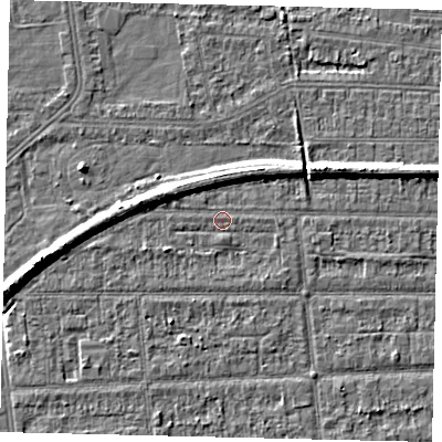 Shaded relief map of the ground around HU53AT, computed from Environment Agency LiDAR. The ground here sits at about 2 m above sea level and falls 7 m across the surrounding 800 m. Surface water reaching this point runs off ground lying to the west-north-west, 4.6 m higher.