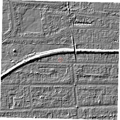 Shaded relief map of the ground around HU53AU, computed from Environment Agency LiDAR. The ground here sits at about 2 m above sea level and falls 6 m across the surrounding 800 m. Surface water reaching this point runs off ground lying to the west, 4.6 m higher.
