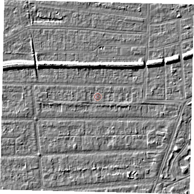 Shaded relief map of the ground around HU53AW, computed from Environment Agency LiDAR. The ground here sits at about 2 m above sea level and falls 7 m across the surrounding 800 m. Surface water reaching this point runs off ground lying to the north-east, 5.9 m higher.