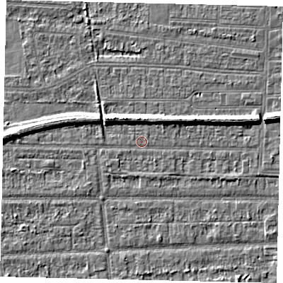 Shaded relief map of the ground around HU53AX, computed from Environment Agency LiDAR. The ground here sits at about 2 m above sea level and falls 7 m across the surrounding 800 m. Surface water reaching this point runs off ground lying to the west, 4.0 m higher.