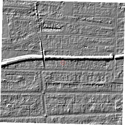Shaded relief map of the ground around HU53BA, computed from Environment Agency LiDAR. The ground here sits at about 2 m above sea level and falls 7 m across the surrounding 800 m. Surface water reaching this point runs off ground lying to the north-east, 3.8 m higher.