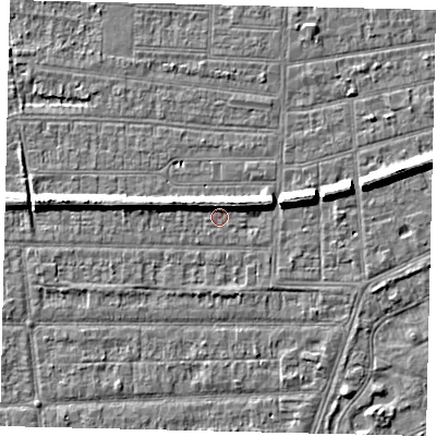 Shaded relief map of the ground around HU53BD, computed from Environment Agency LiDAR. The ground here sits at about 2 m above sea level and falls 7 m across the surrounding 800 m. Surface water reaching this point runs off ground lying to the north-north-west, 5.3 m higher.