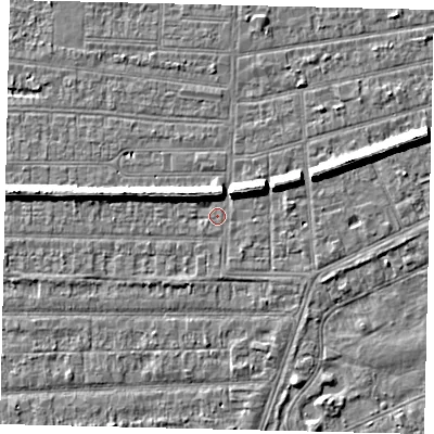 Shaded relief map of the ground around HU53BE, computed from Environment Agency LiDAR. The ground here sits at about 2 m above sea level and falls 7 m across the surrounding 800 m. Surface water reaching this point runs off ground lying to the north, 5.9 m higher.