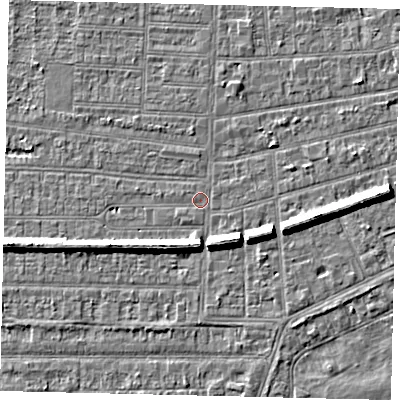 Shaded relief map of the ground around HU53BG, computed from Environment Agency LiDAR. The ground here sits at about 2 m above sea level and falls 7 m across the surrounding 800 m. Surface water reaching this point runs off ground lying to the east, 6.4 m higher.