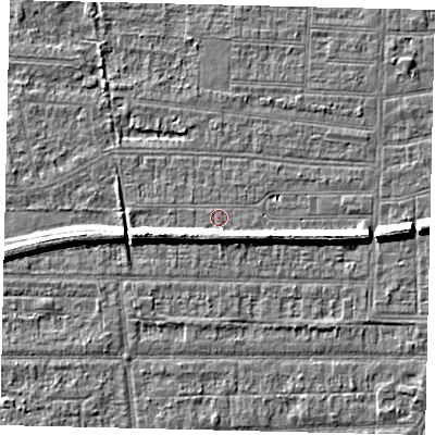 Shaded relief map of the ground around HU53BN, computed from Environment Agency LiDAR. The ground here sits at about 2 m above sea level and falls 7 m across the surrounding 800 m. Surface water reaching this point runs off ground lying to the west-south-west, 4.4 m higher.