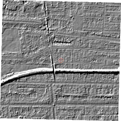 Shaded relief map of the ground around HU53BS, computed from Environment Agency LiDAR. The ground here sits at about 2 m above sea level and falls 6 m across the surrounding 800 m. Surface water reaching this point runs off ground lying to the east, 0.7 m higher.