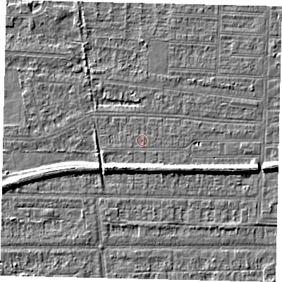 Shaded relief map of the ground around HU53BU, computed from Environment Agency LiDAR. The ground here sits at about 2 m above sea level and falls 7 m across the surrounding 800 m. Surface water reaching this point runs off ground lying to the east, 0.6 m higher.