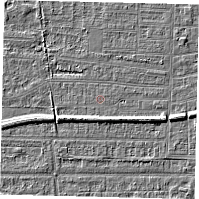 Shaded relief map of the ground around HU53BY, computed from Environment Agency LiDAR. The ground here sits at about 2 m above sea level and falls 7 m across the surrounding 800 m. The ground contributing surface water to this point lies to the east-north-east.