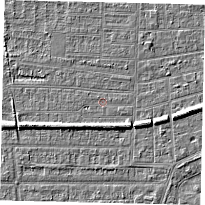 Shaded relief map of the ground around HU53DA, computed from Environment Agency LiDAR. The ground here sits at about 2 m above sea level and falls 7 m across the surrounding 800 m. Surface water reaching this point runs off ground lying to the west, 0.9 m higher.