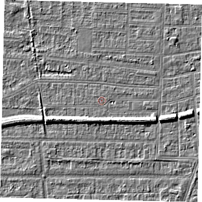 Shaded relief map of the ground around HU53DB, computed from Environment Agency LiDAR. The ground here sits at about 2 m above sea level and falls 7 m across the surrounding 800 m. Surface water reaching this point runs off ground lying to the south, 4.5 m higher.
