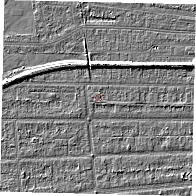 Shaded relief map of the ground around HU53DD, computed from Environment Agency LiDAR. The ground here sits at about 2 m above sea level and falls 6 m across the surrounding 800 m. Surface water reaching this point runs off ground lying to the west-north-west, 0.7 m higher.
